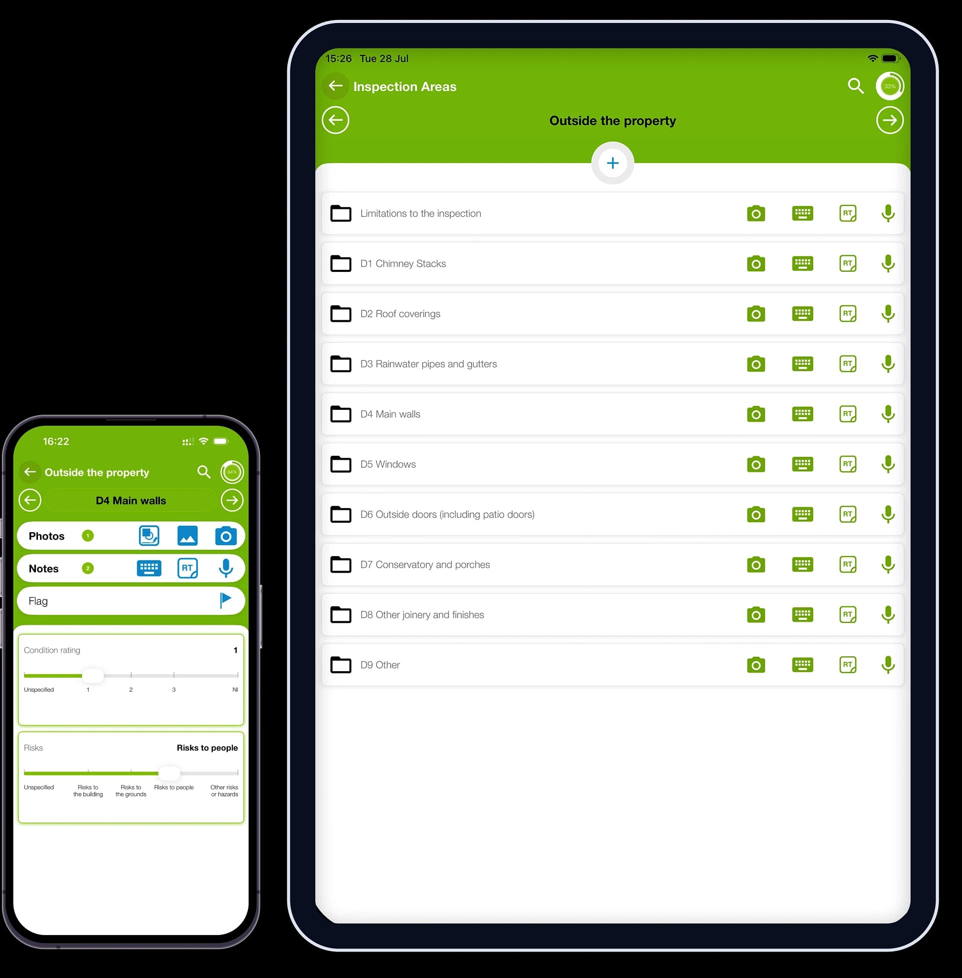 The custom template running in the app on an iPad and iPhone: the iPad lists the survey's inspection areas while the iPhone has an item open with its photos, notes, flag and condition sliders.