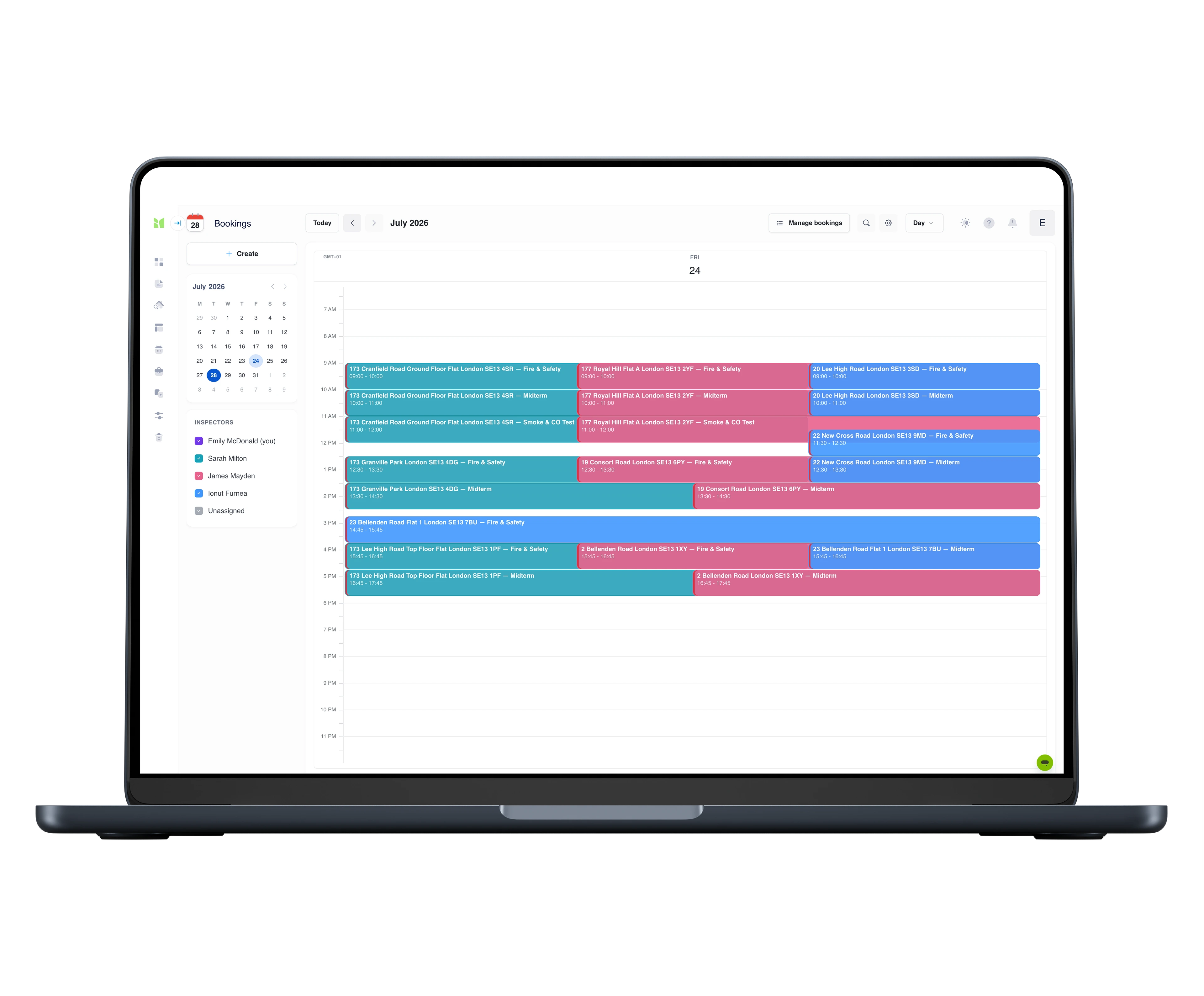 The bookings day view: a full day of fire and safety, midterm and smoke and CO test visits stacked from 9am to 6pm, colour-coded per inspector, with the inspector list and show and hide toggles in the sidebar.