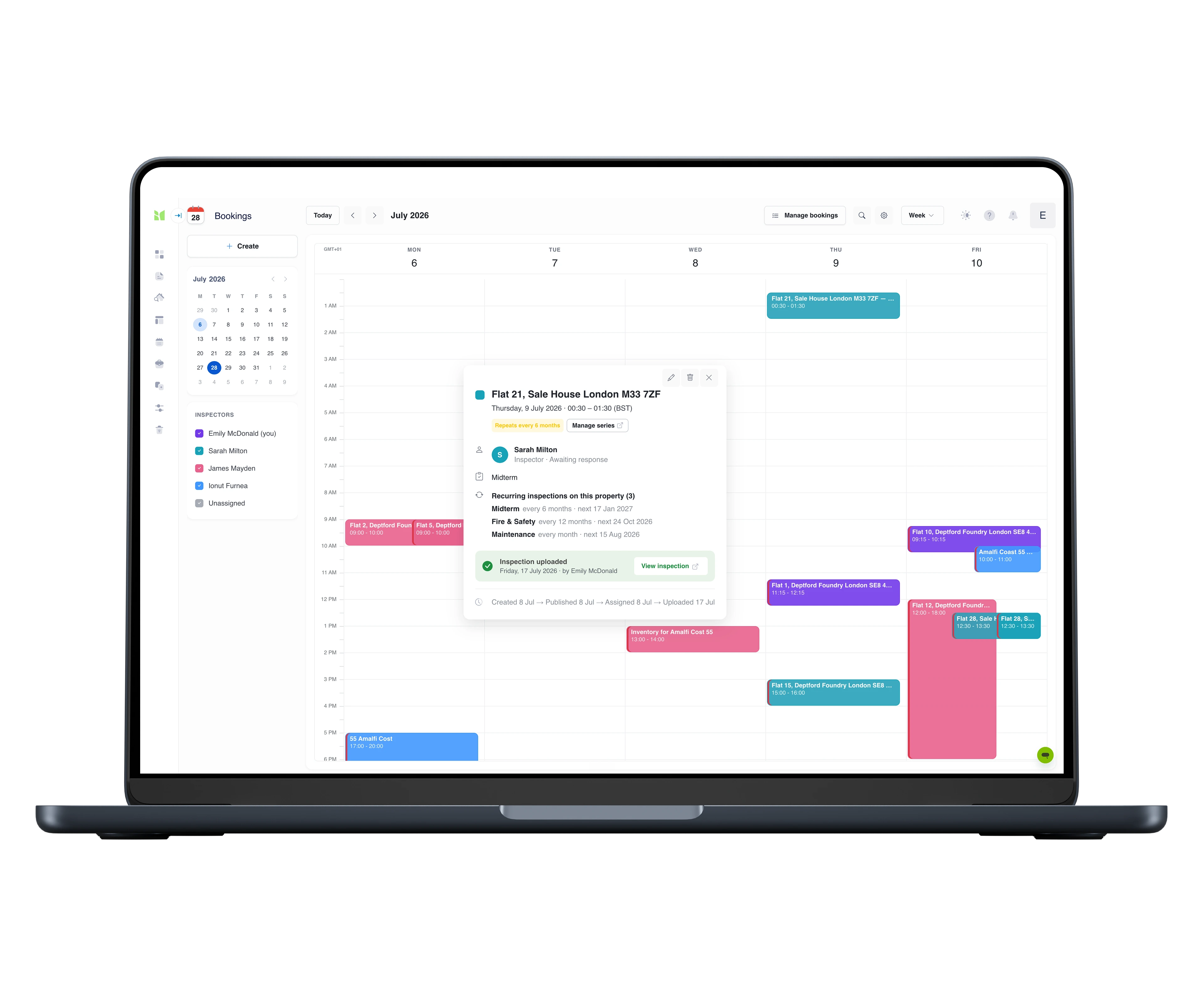 The bookings calendar, week view, with a booking open: the property, date and time, a repeats-every-6-months series, the assigned inspector awaiting response, the property's three recurring inspections, and the uploaded inspection one click away - created, published, assigned, uploaded.
