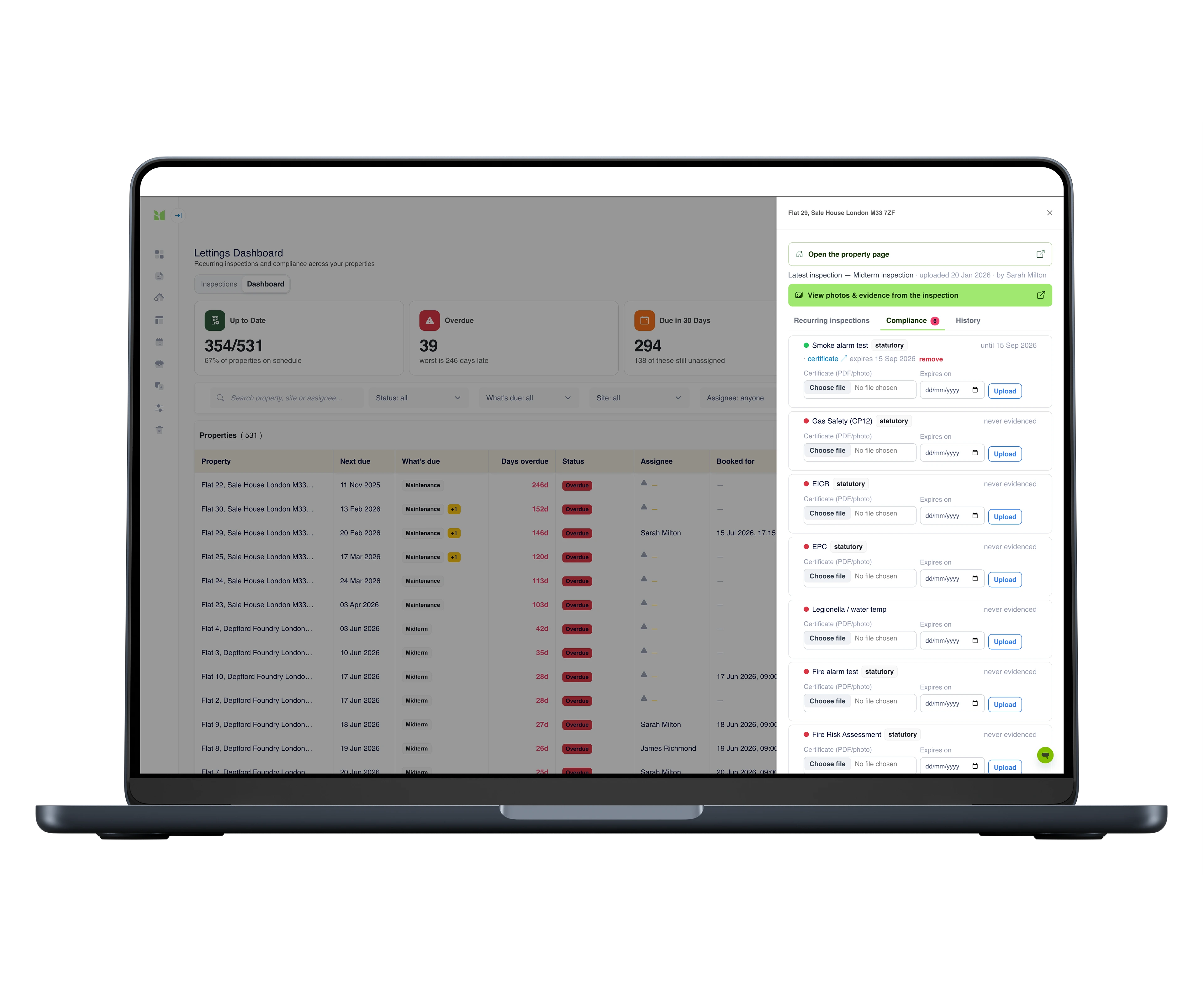 A property's statutory register in the side panel: the smoke alarm test evidenced with a certificate and expiry date; Gas Safety, EICR, EPC, Legionella, fire alarm and fire risk assessment each awaiting evidence, with certificate upload and expiry fields.