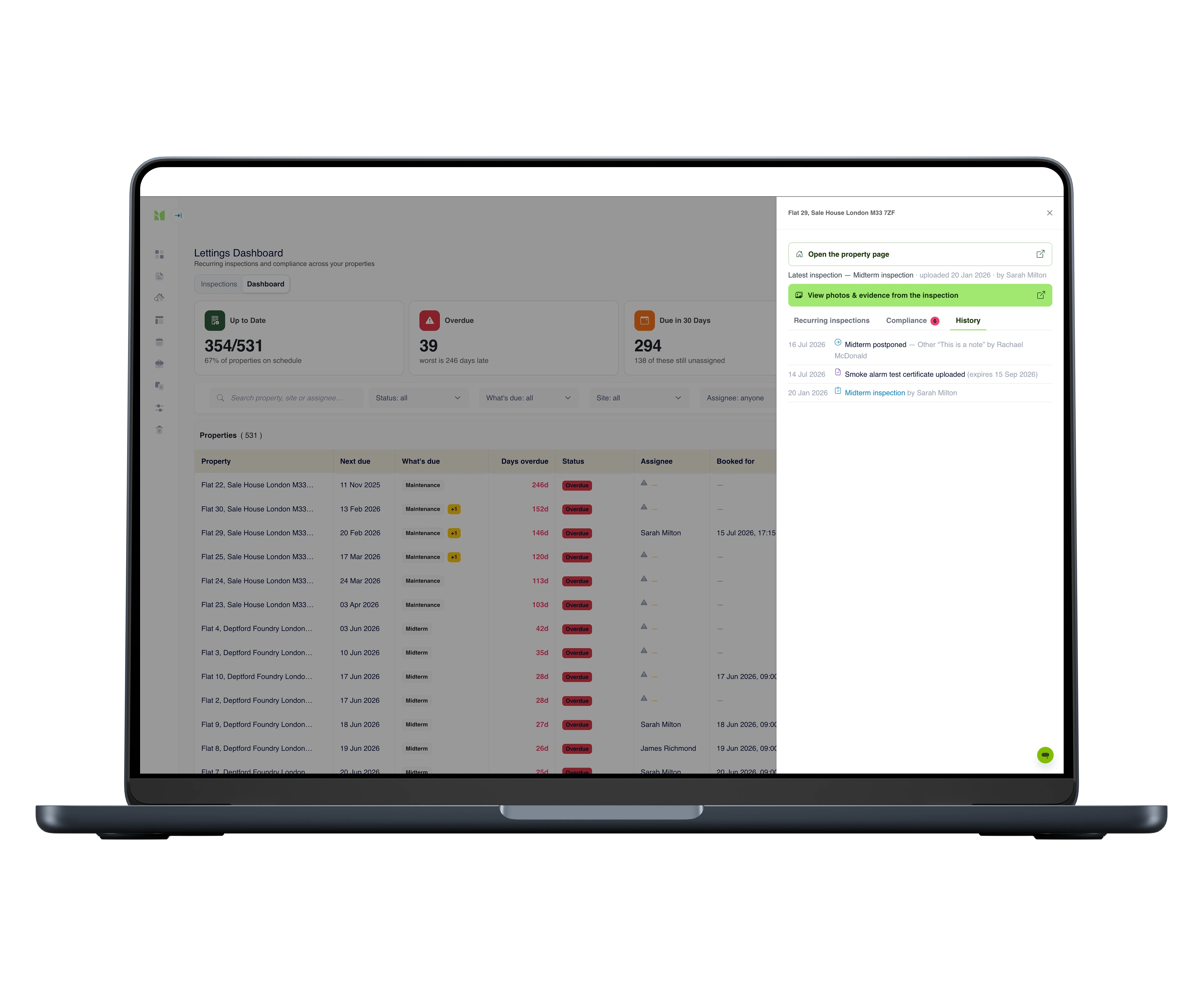 A property's history in the side panel: a midterm postponed with its note, a smoke alarm certificate uploaded with its expiry date, and the midterm inspection itself - dated, attributed, one click from its photos and evidence.