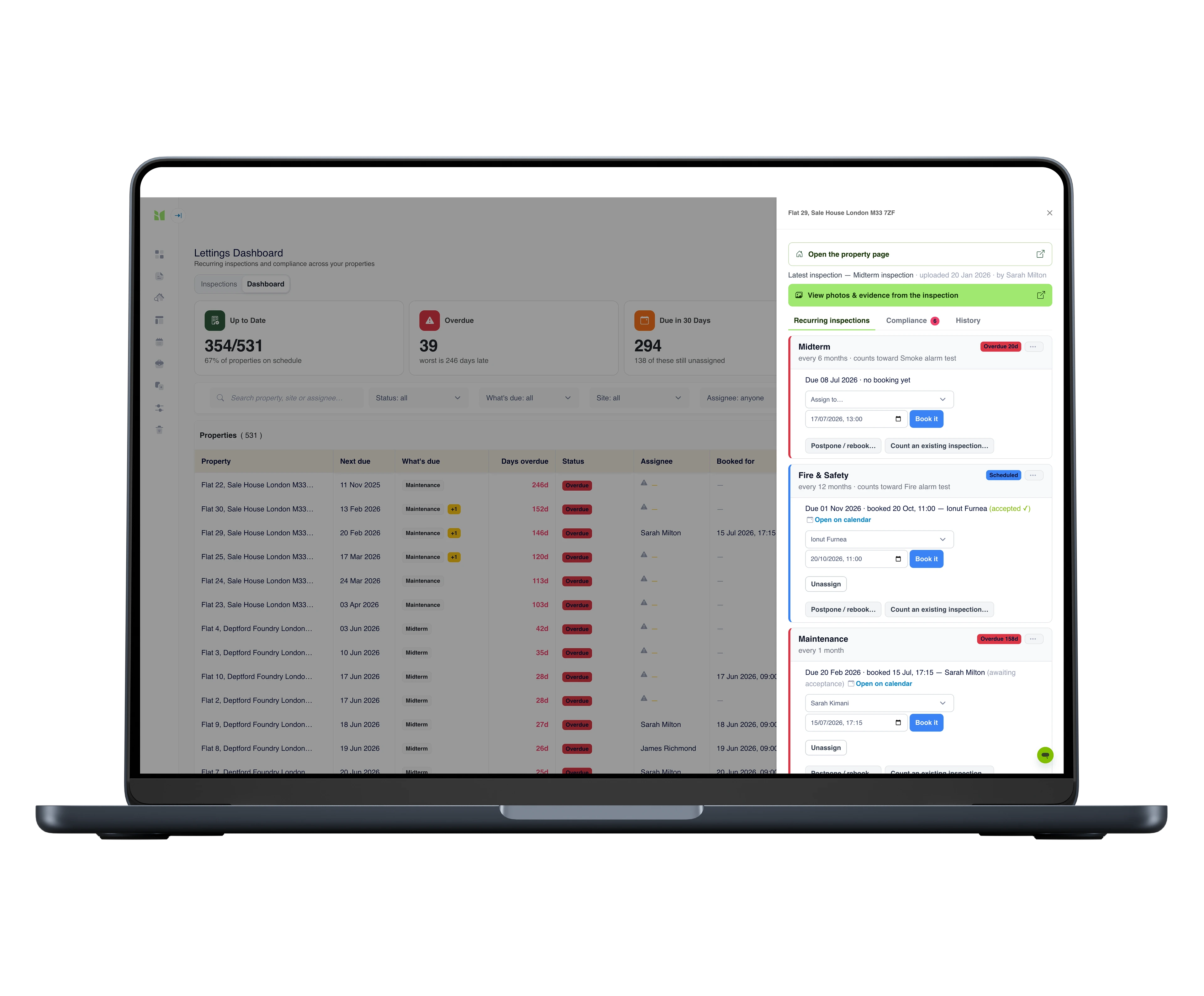 A property's recurring inspections in the side panel: a six-monthly midterm running overdue, an annual fire and safety check booked and accepted, and a monthly maintenance visit awaiting acceptance - each with its cadence, assignee and booking controls.