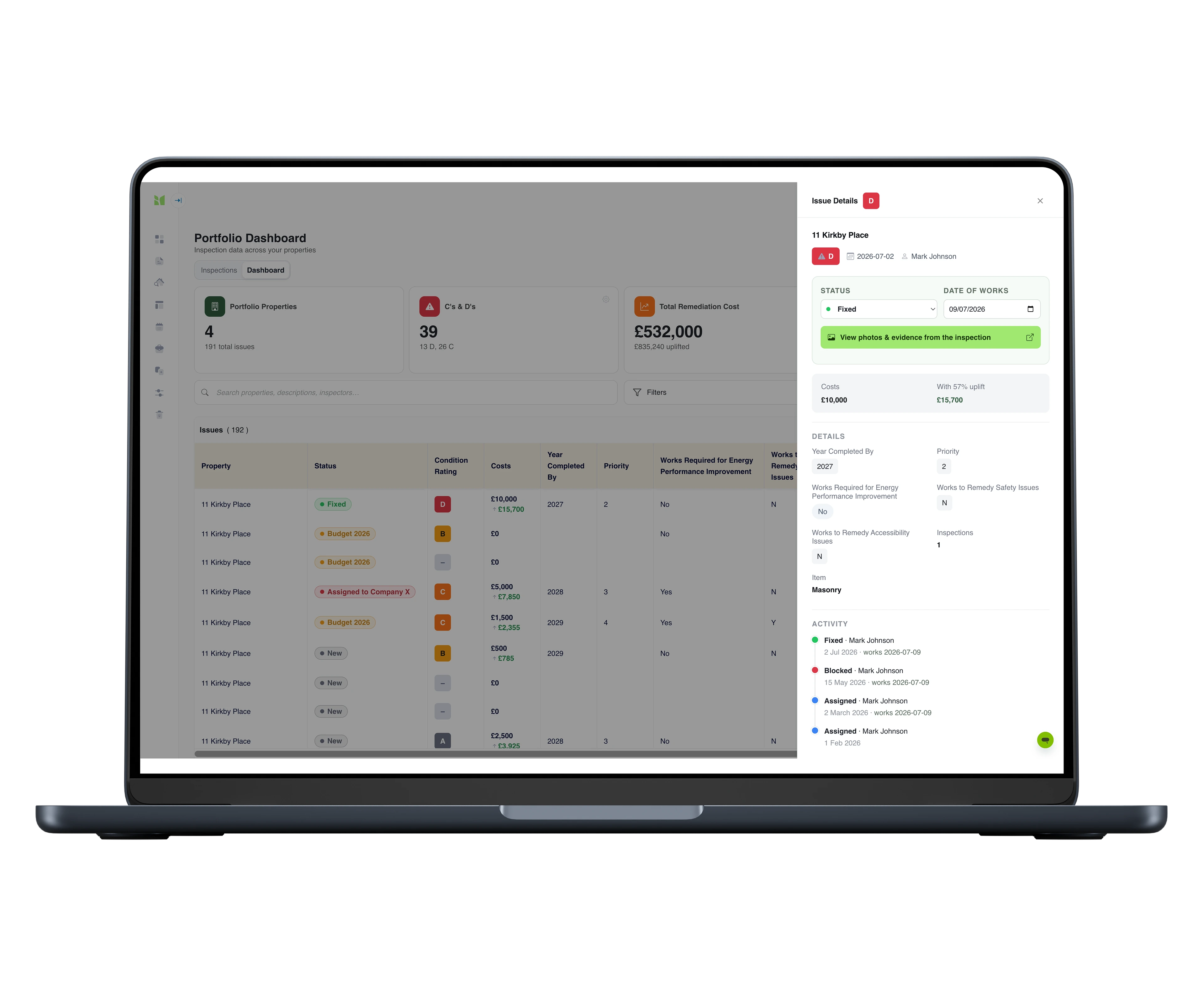 An issue's detail drawer open over the Portfolio Dashboard on a laptop: condition rating D, fixed status with date of works, a highlighted link to view photos and evidence from the inspection, costs with uplift, and the issue's activity history - assigned, blocked, fixed - each with who and when.