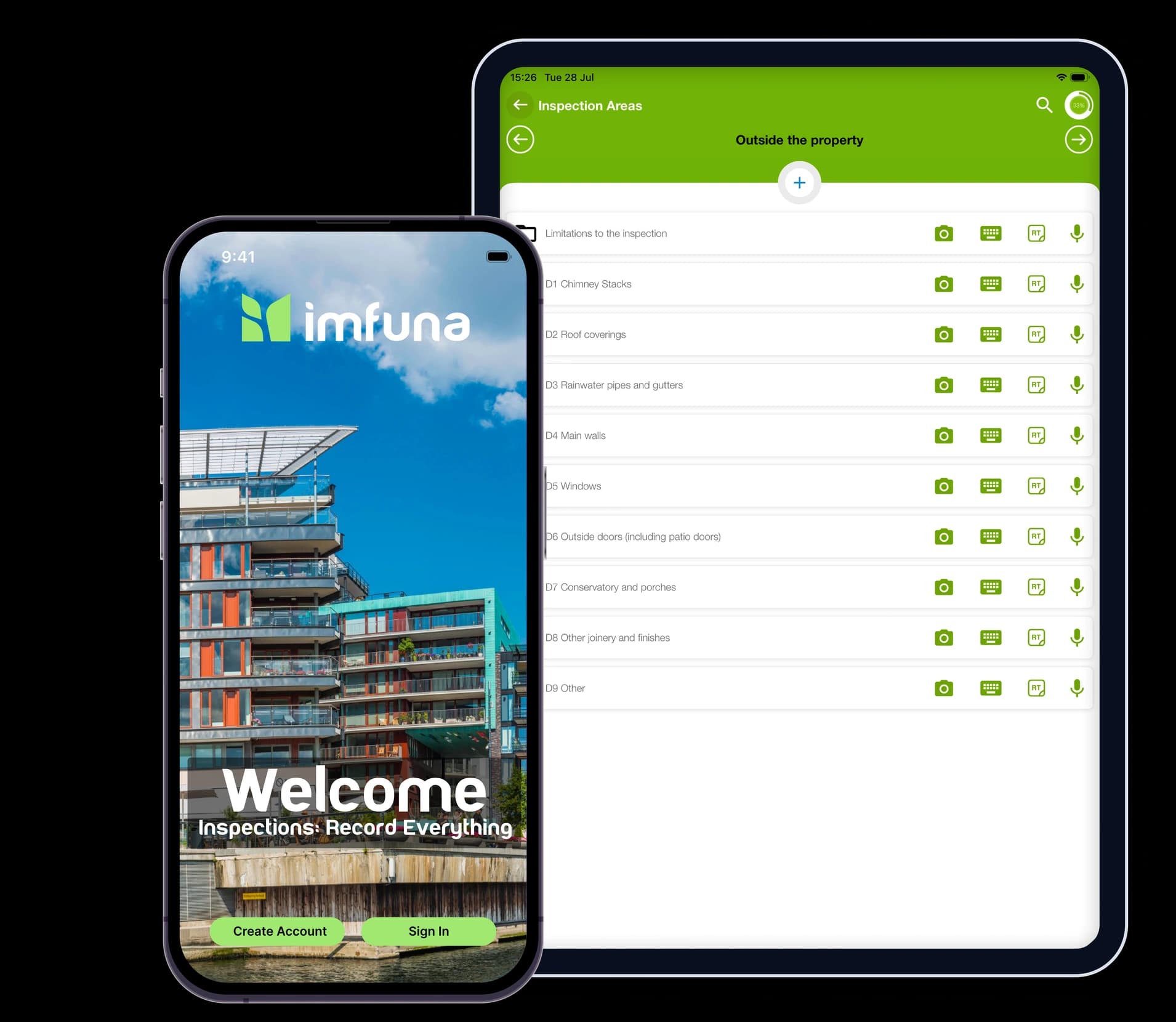 Imfuna building survey app on phone and tablet, with a survey in progress