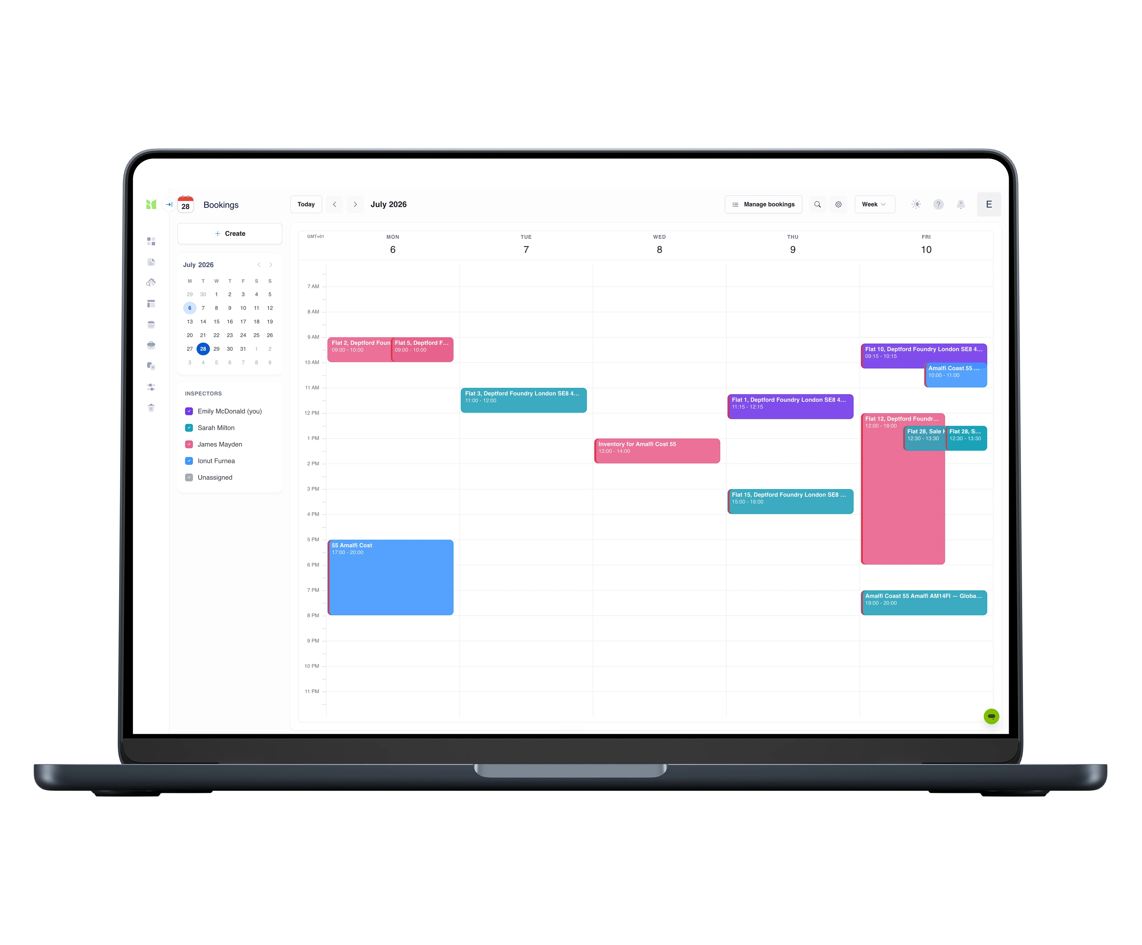 The bookings calendar on a laptop, week view: inspections colour-coded per inspector across the week, with the inspector list and show/hide toggles in the sidebar and a mini month calendar for navigation.