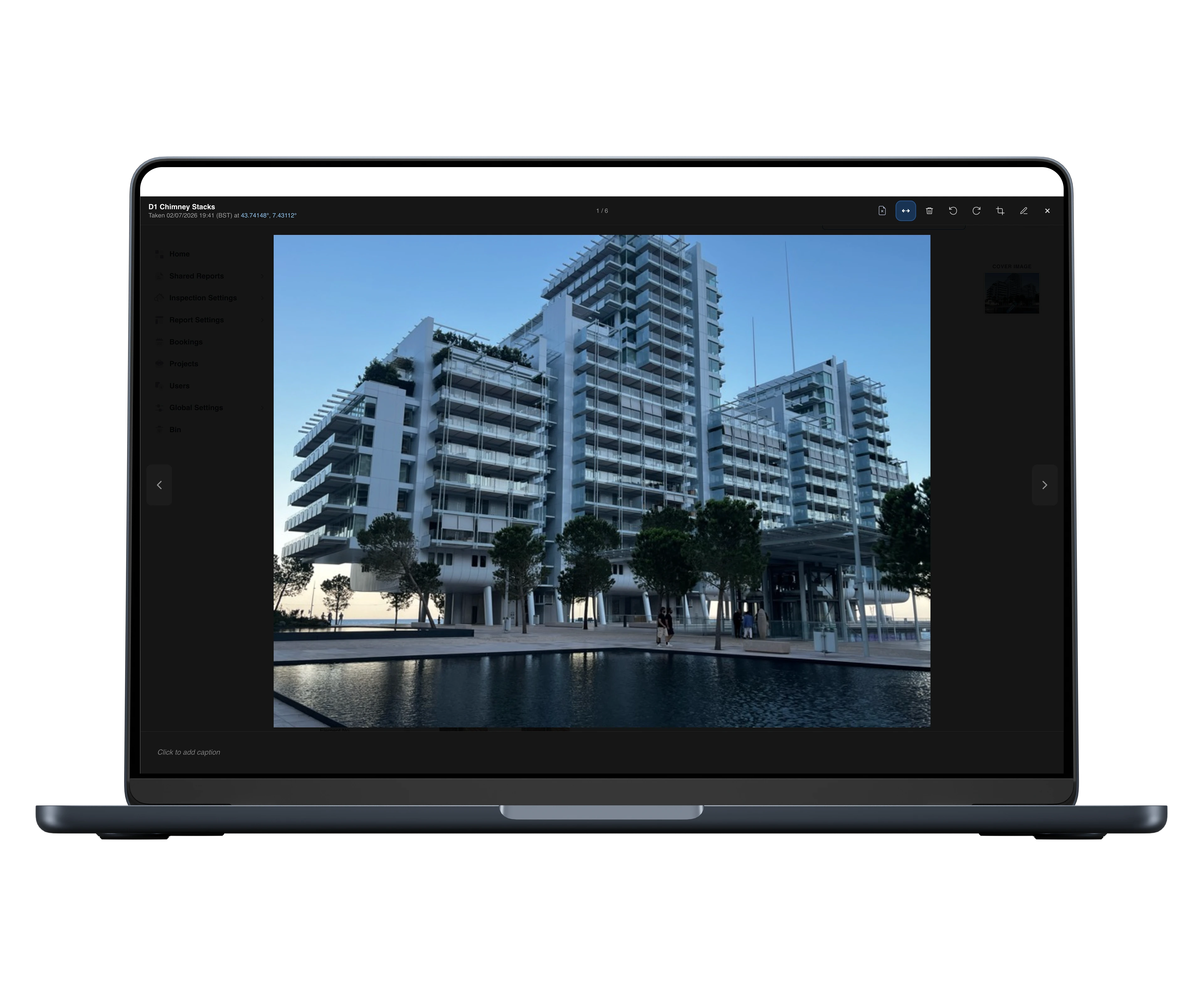 The full-screen image viewer on an inspection photo of a residential building: the item name, capture date and GPS coordinates in the header, a toolbar with full-width, delete, rotate, crop and markup, a caption field below, and photo 1 of 6 in the set.