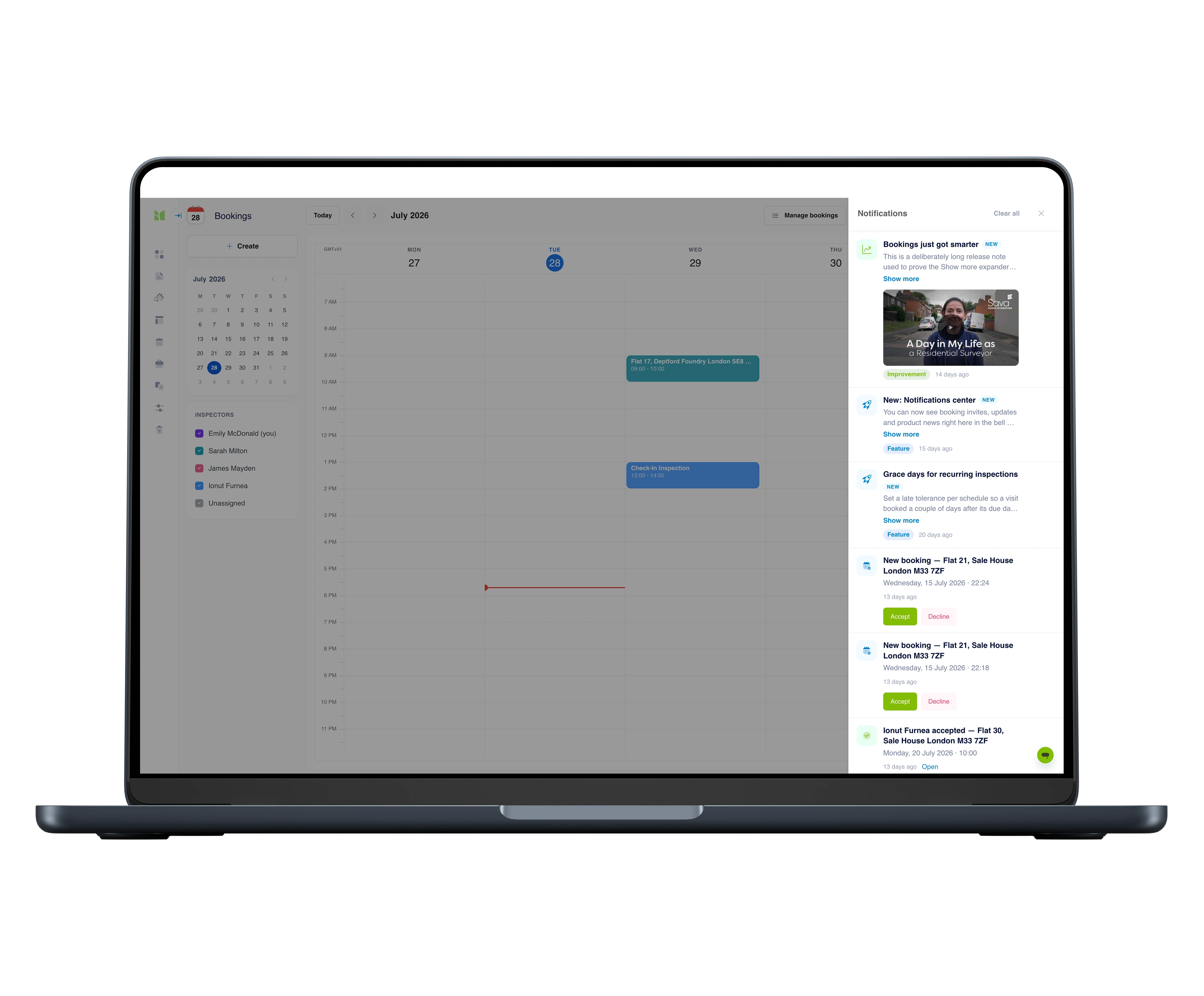 The notifications centre open over the bookings calendar: release notes with a training video, new-booking invites with accept and decline buttons, and a confirmation that a colleague accepted their booking.