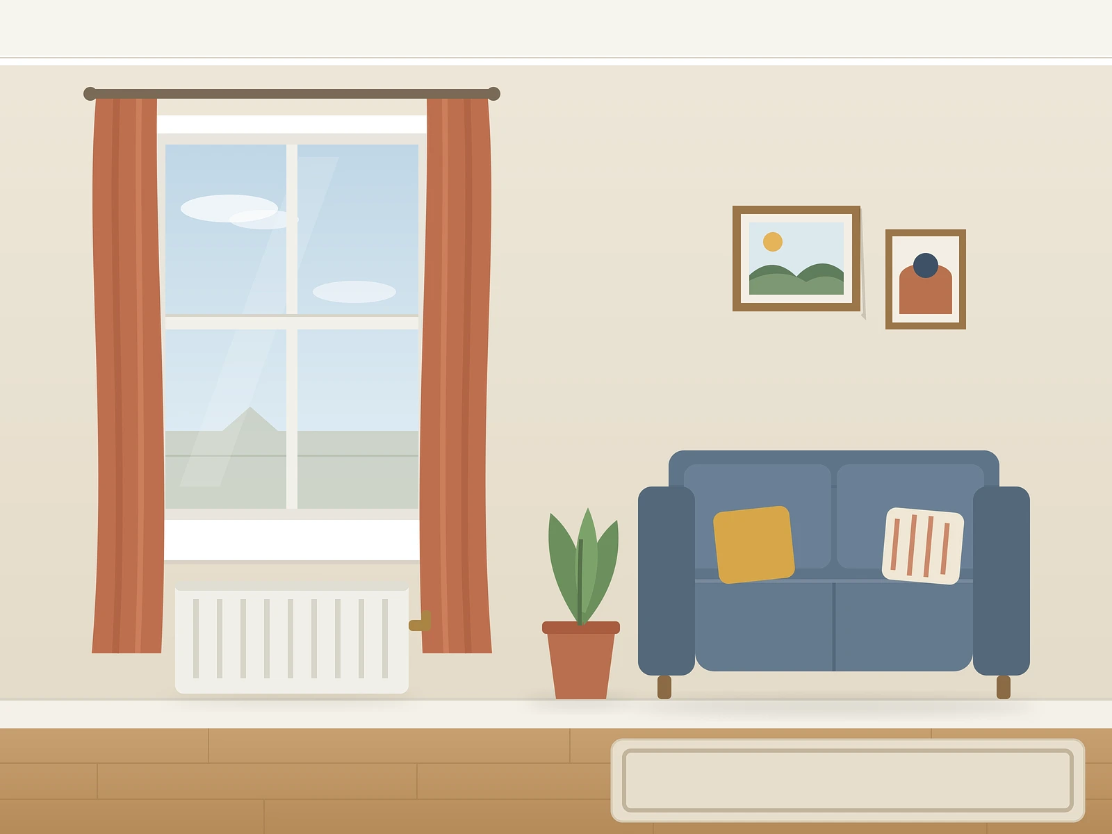 Illustration of a living room at check-in: window, curtains, radiator, sofa, rug and two picture frames, all in good order.