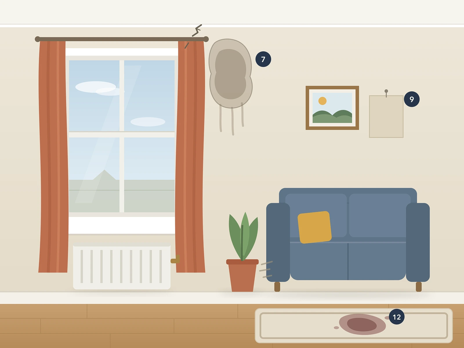 The same living room at check-out: a crack and a damp patch by the window, a missing picture frame and a stain on the rug, each marked with a numbered photo pin.