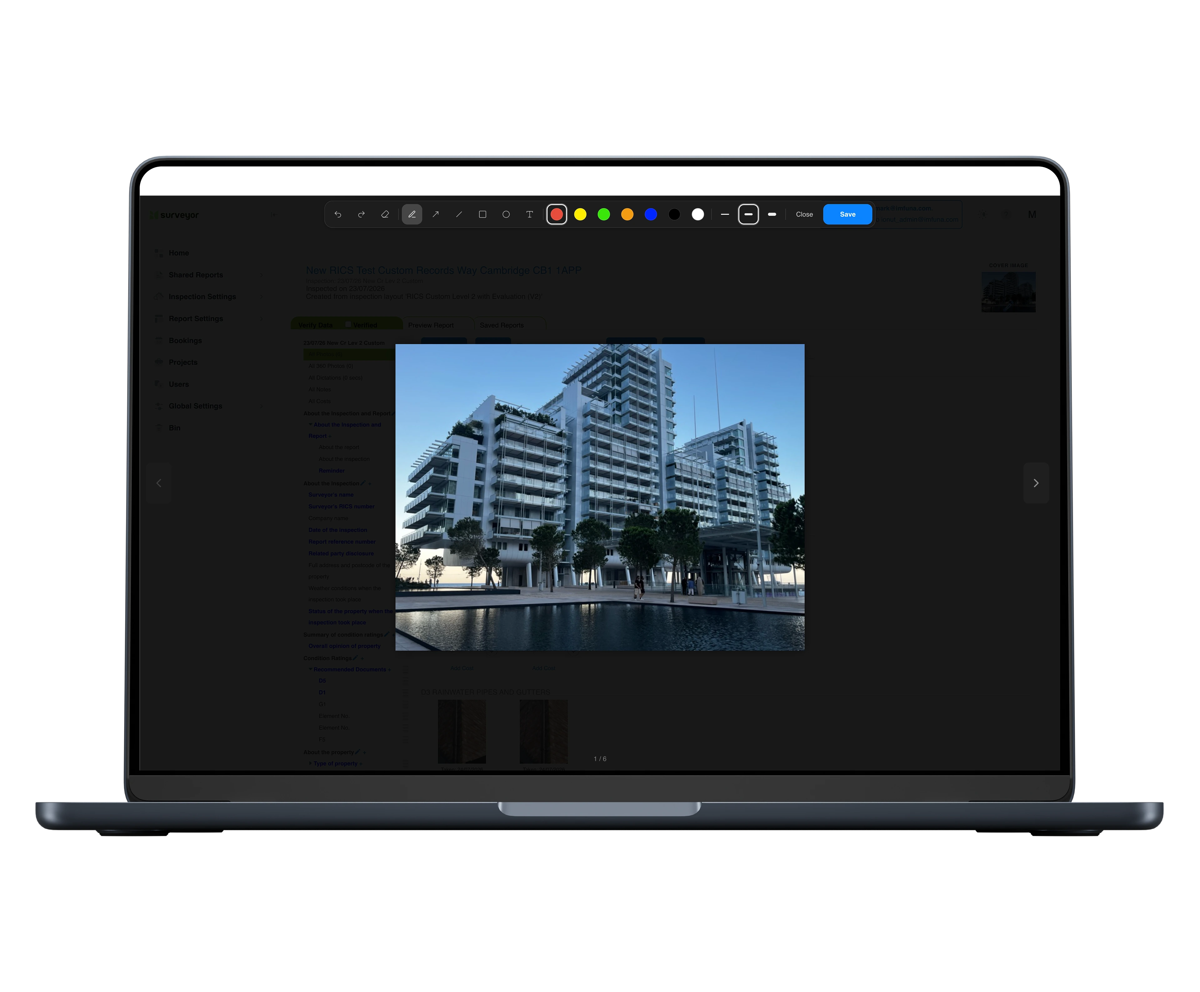 Photo markup in the browser: a site photo annotated with arrows and notes on the web platform.