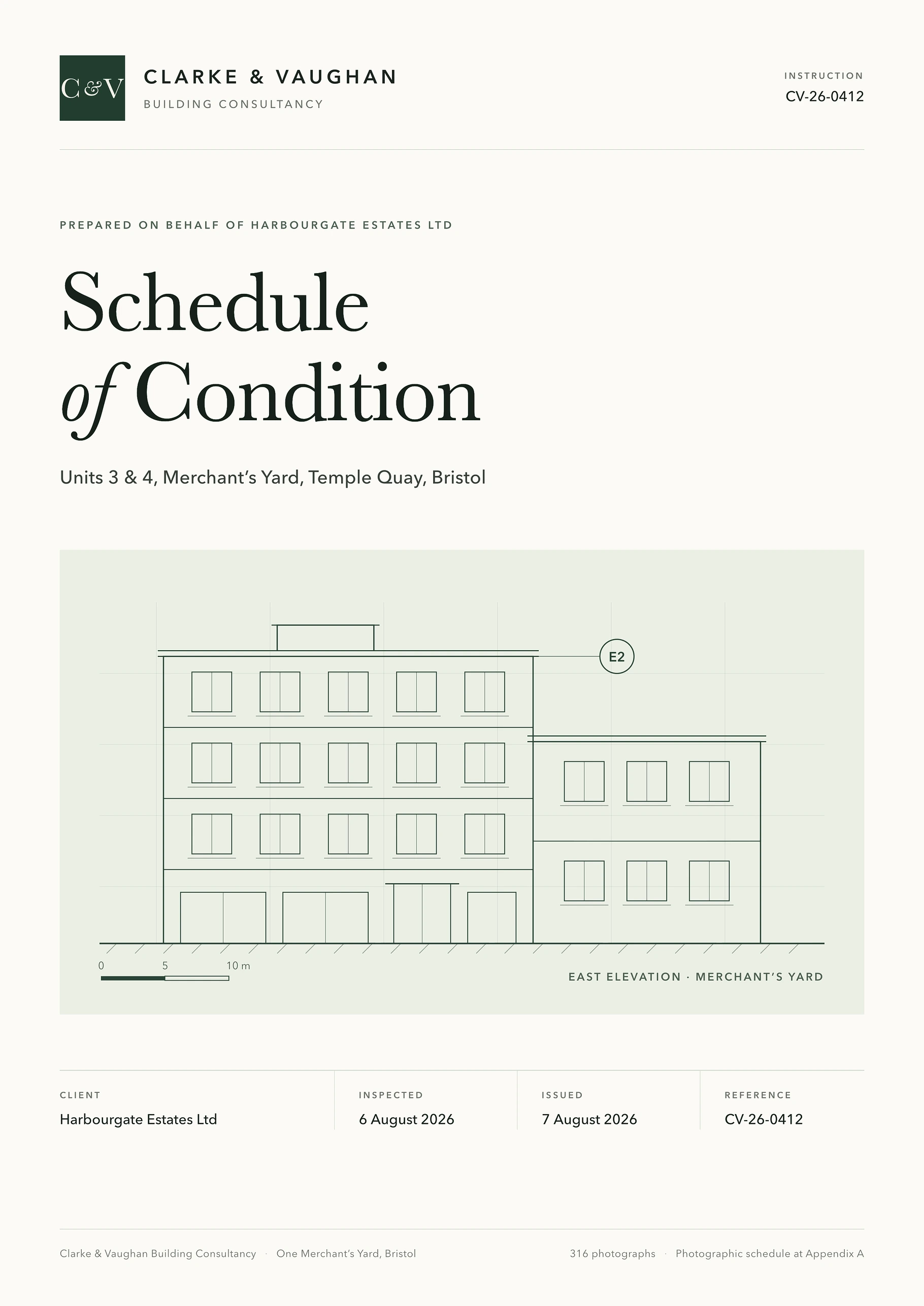 Cover page of a branded Schedule of Condition report: the consultancy's logo and masthead, the property address, an elevation drawing of the building, and the client, inspection and issue details.