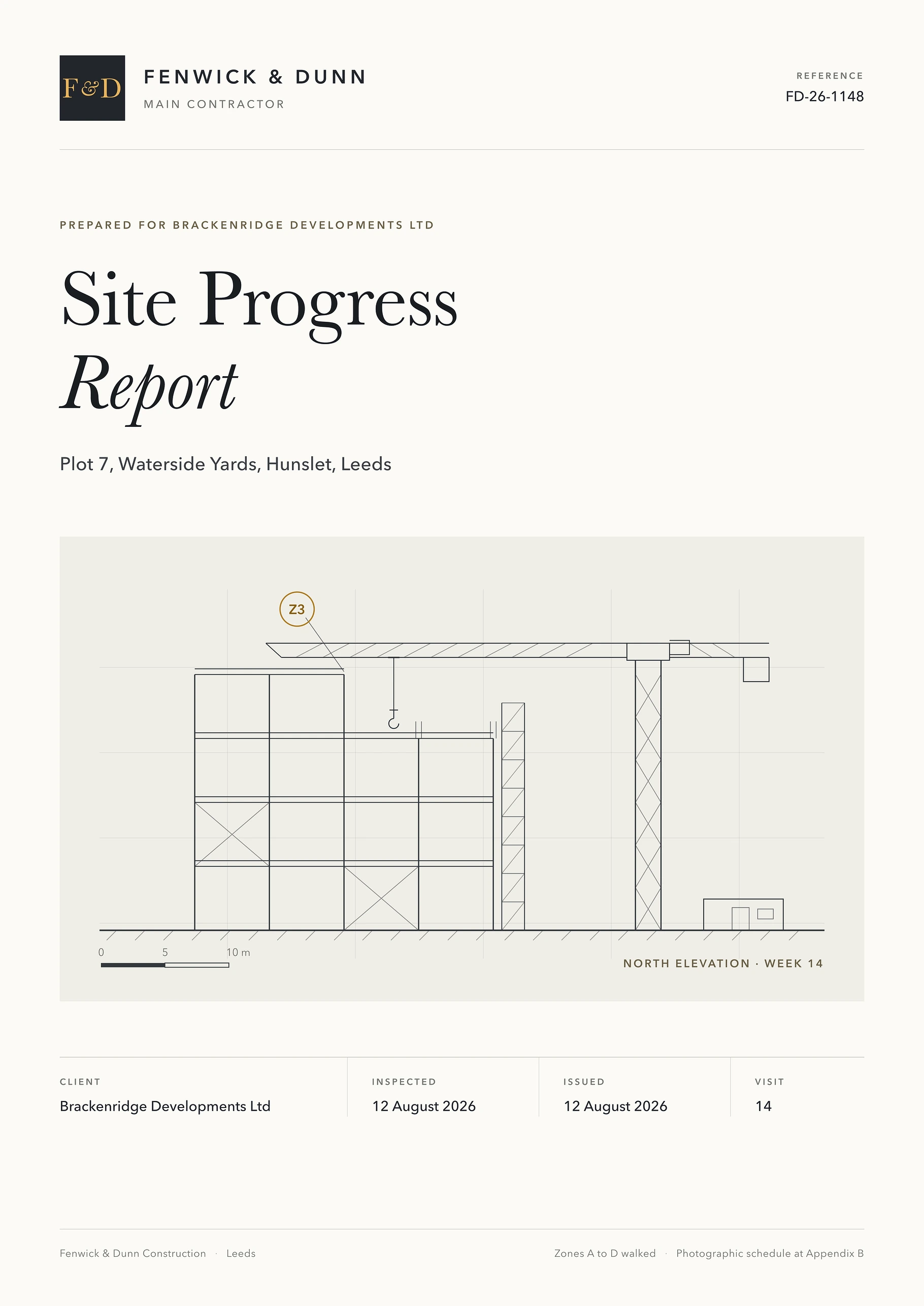 Cover page of a branded Site Progress report: the contractor's masthead, the plot address, an elevation drawing of the frame under construction with the tower crane, and the visit and issue details.