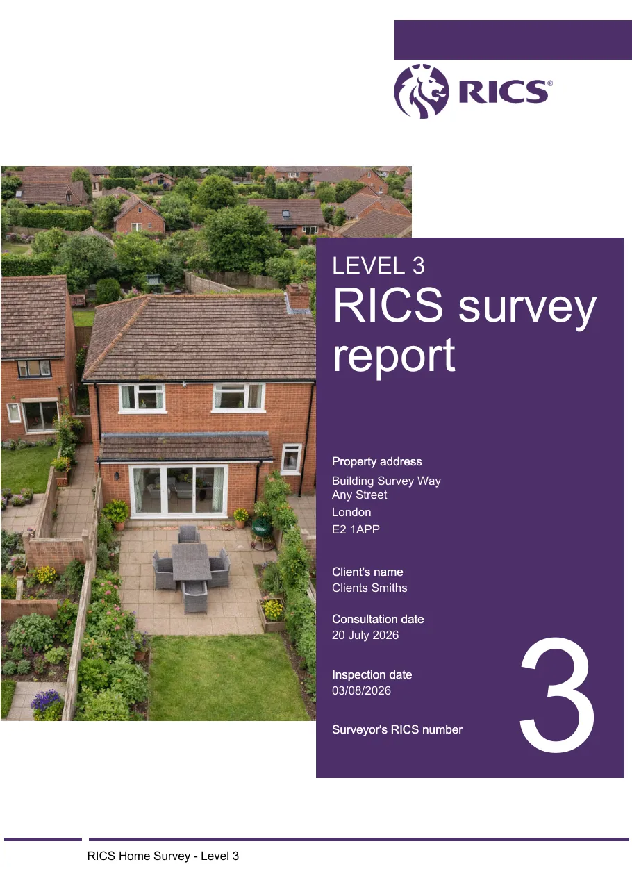 Cover page of a RICS Home Survey Level 3 report produced with Imfuna.